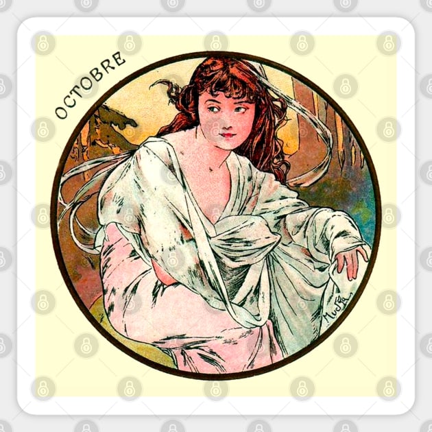 Art Nouveau October Calendar Alphonse Mucha Sticker by JoolyA